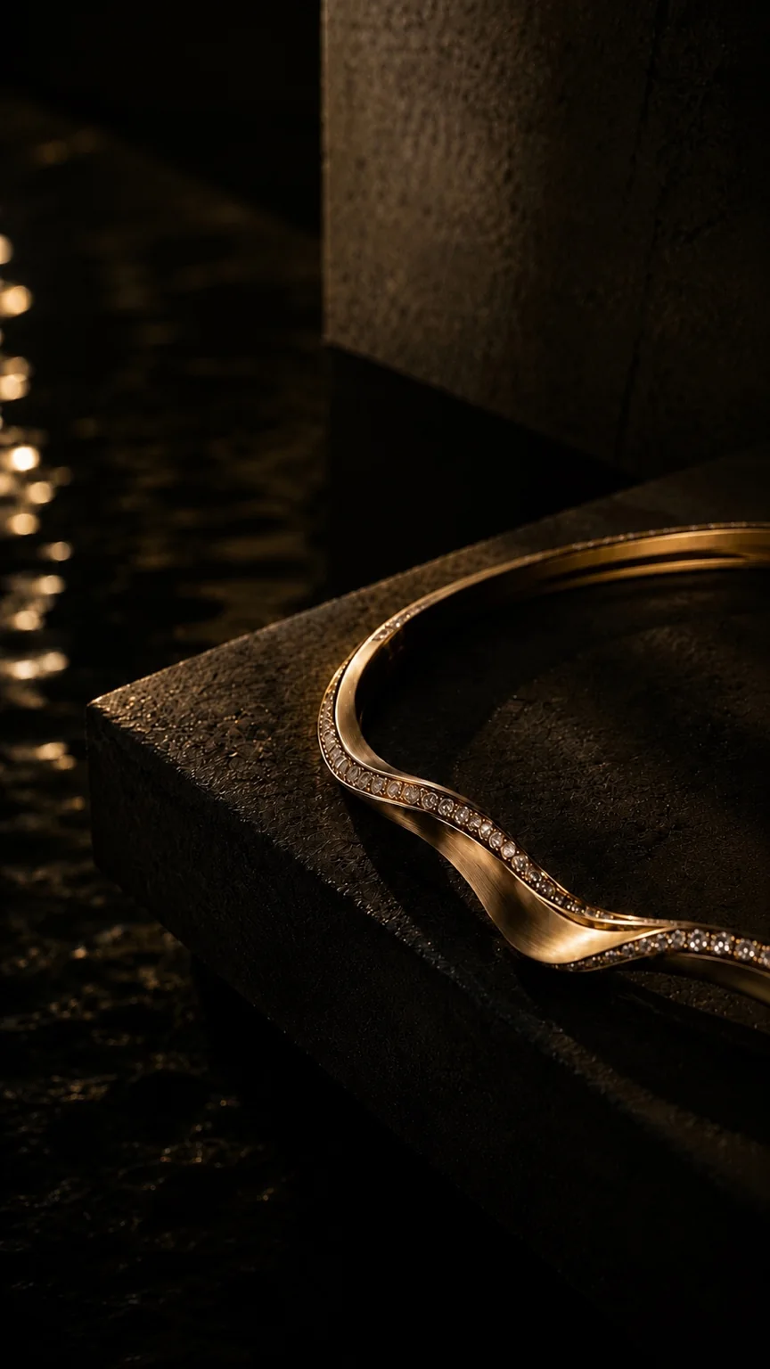 AURELIA sculptural champagne-gold necklace in a quiet architectural setting