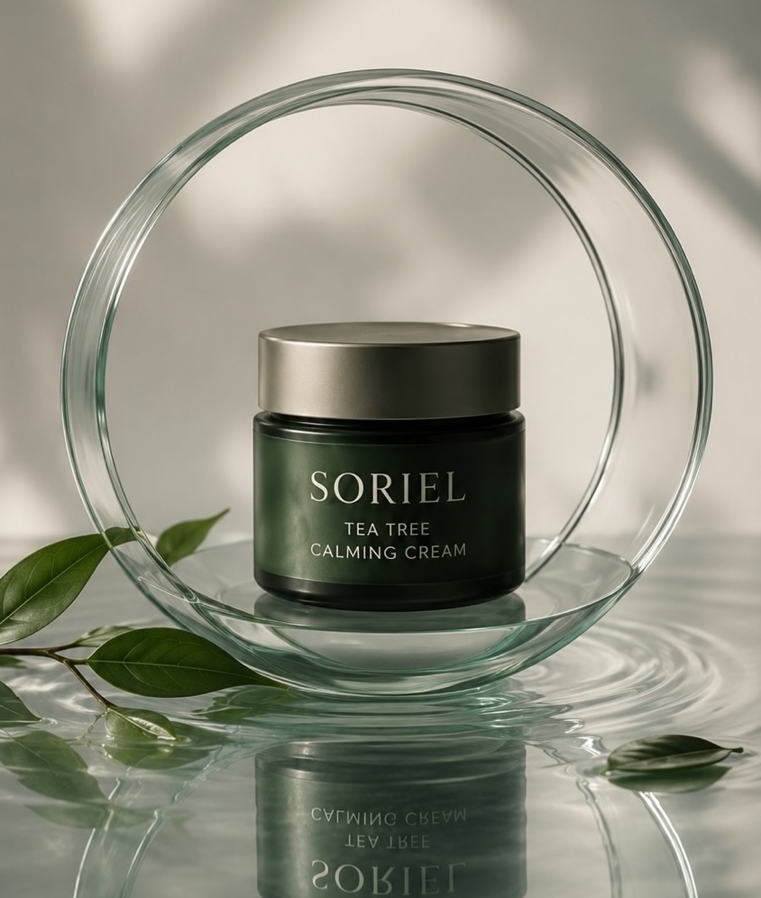SORIEL Tea Tree Calming Cream in a clear glass sculptural setting